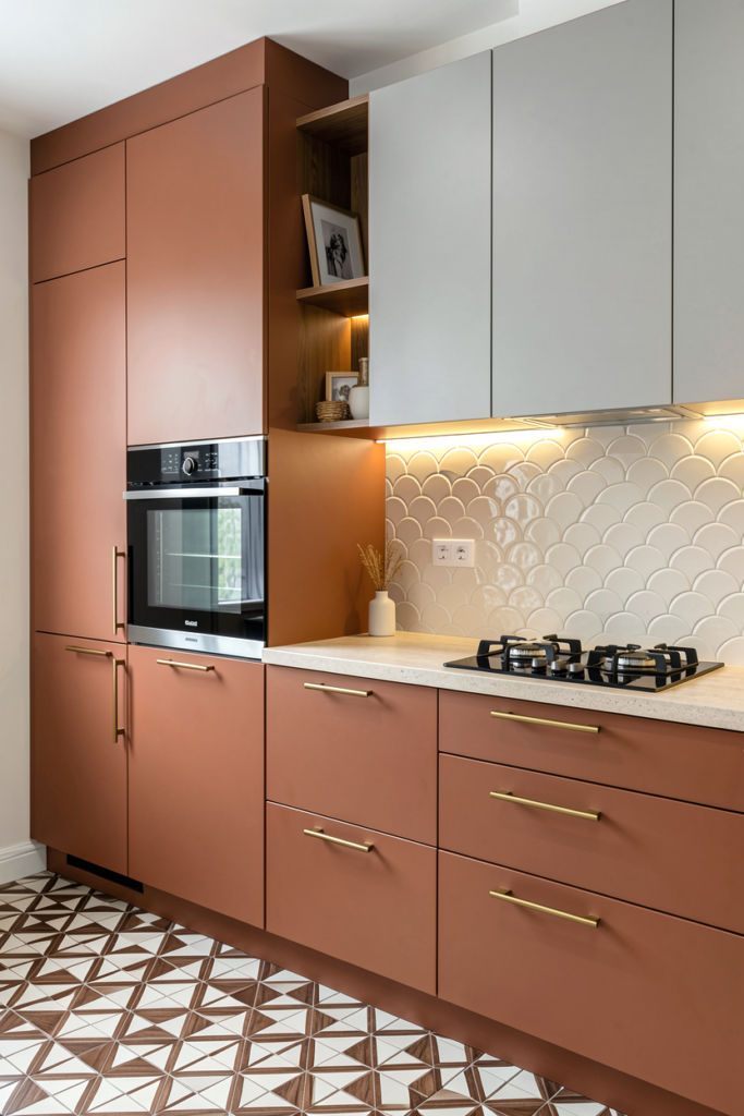 Modern two-tone kitchen with terracotta and grey cabinetry