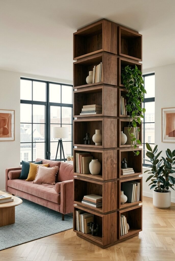 Small space with tall vertical storage reaching the ceiling