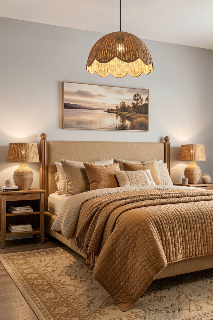 Cozy neutral bedroom with warm lighting and soft textures