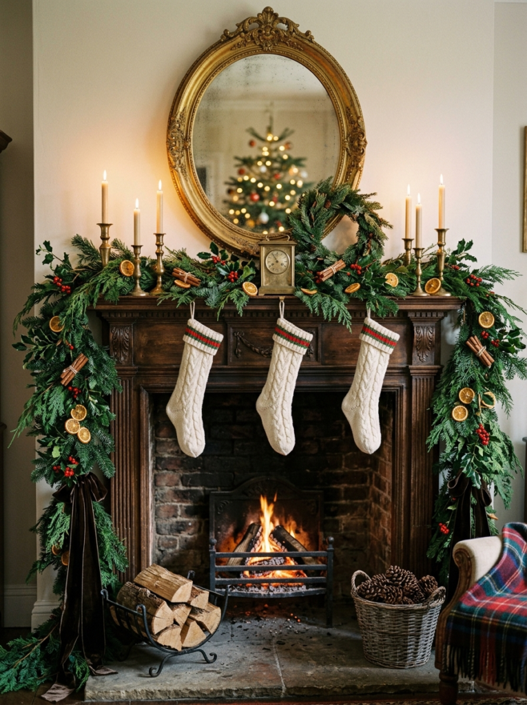 Dark wood mantel with a dried orange and pine garland