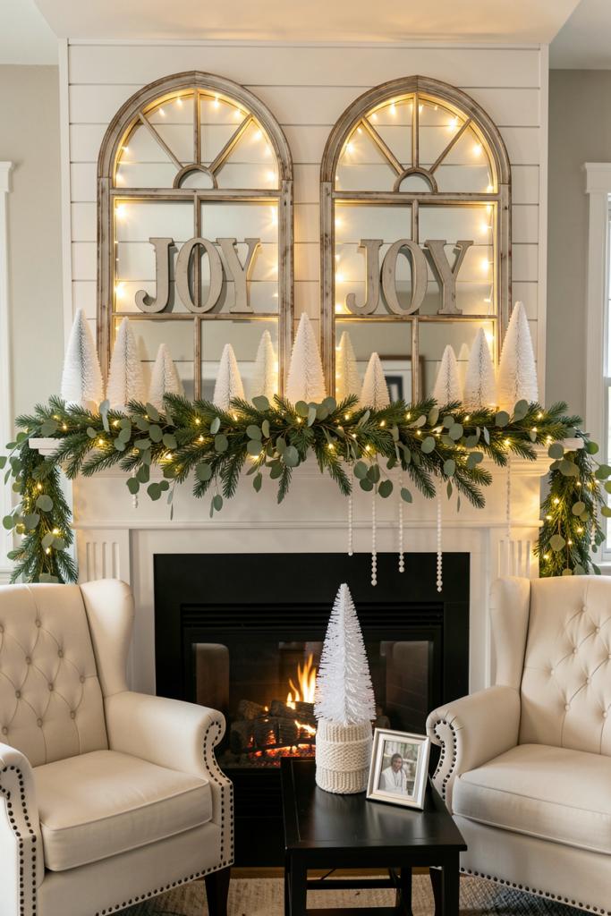 Christmas mantel with JOY window frames and an oversized garland