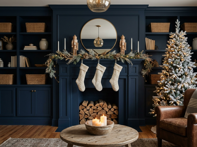 Navy built-in mantel with nutcracker figurines and knit stockings