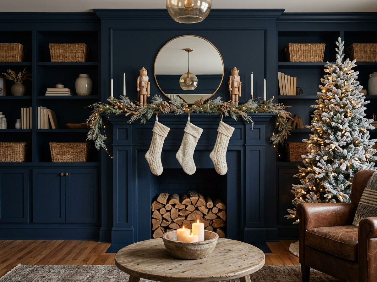 Navy built-in mantel with nutcracker figurines and knit stockings