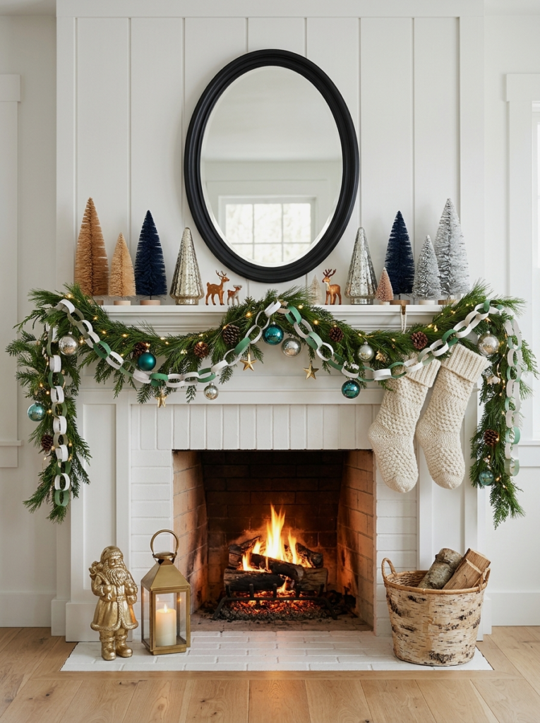 White mantel with a paper chain garland and mixed bottle brush trees