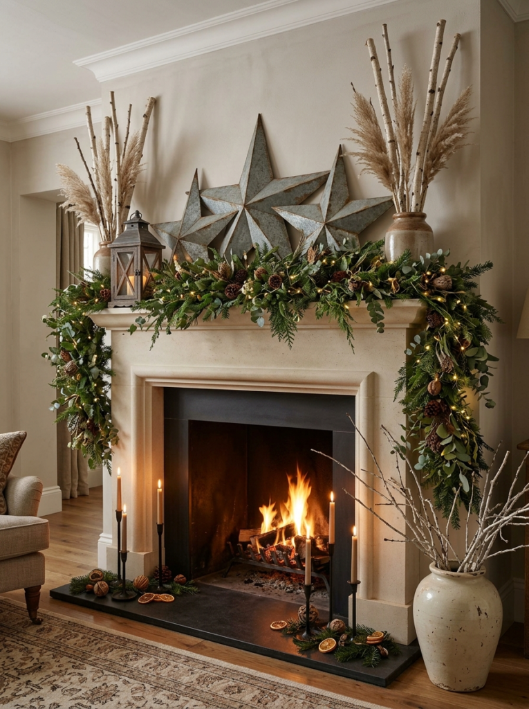 Rustic stone mantel with galvanized stars and birch branches