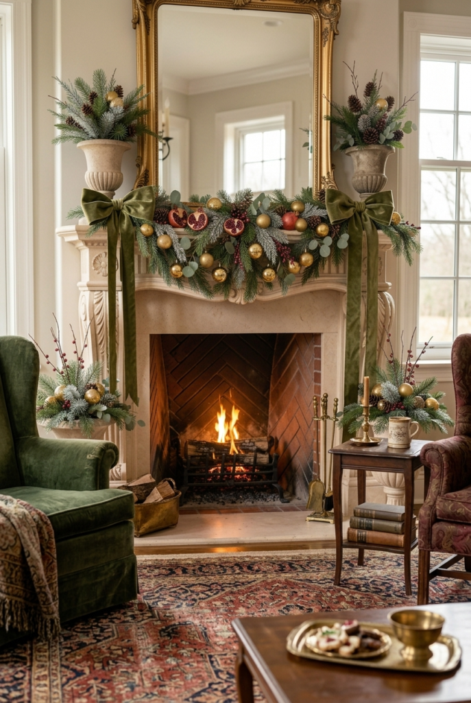 Stone mantel with cascading green velvet bows and a gold garland