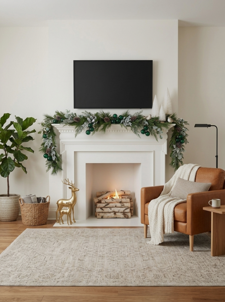 White mantel with gold reindeer figurines and bottle brush trees